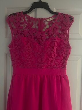 Bright Fuchsia Pink Floral Lace Bodice Dress